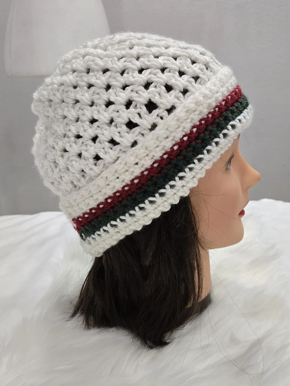 Handmade Cream Crochet Beanie with Red & Green Stripe
